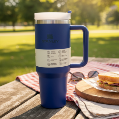 Blue Stanley 40 oz Quencher Tumbler for travel and gym"